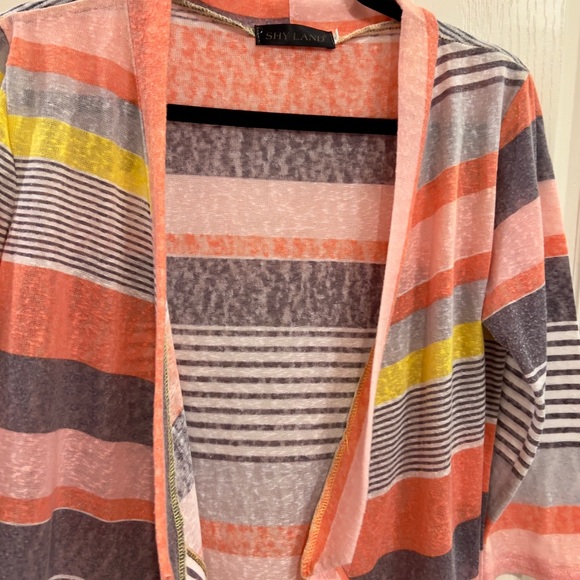 Shyland open cardigan no buttons striped gray, yellow, peach, coral. Size S - Picture 2 of 4